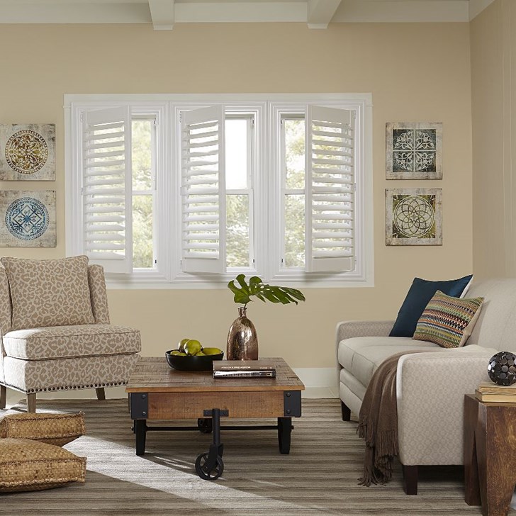 Our Economy Faux Wood Shutters are beautiful and child safer window covering. Shown in the color white.