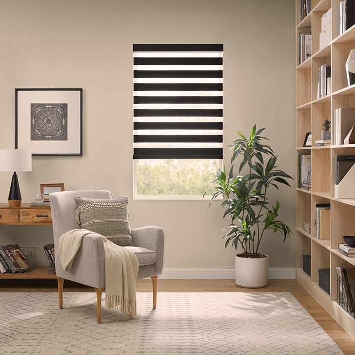 Color: Charron Black CHR05; Lift: Cordless; Headrail: Metal Square Cassette in the Black color; Bottom Rail: Rounded Bottom Bar with Pull Tab