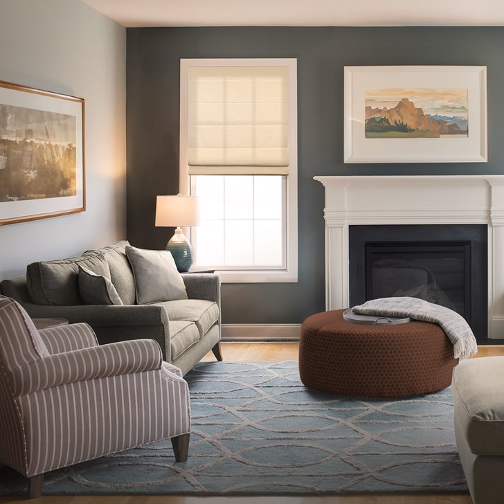 Color: Stonewash Halo; Fold Style: Classic Flat Pleat with Seams; Headrail: Waterfall; Liner: Light Filtering