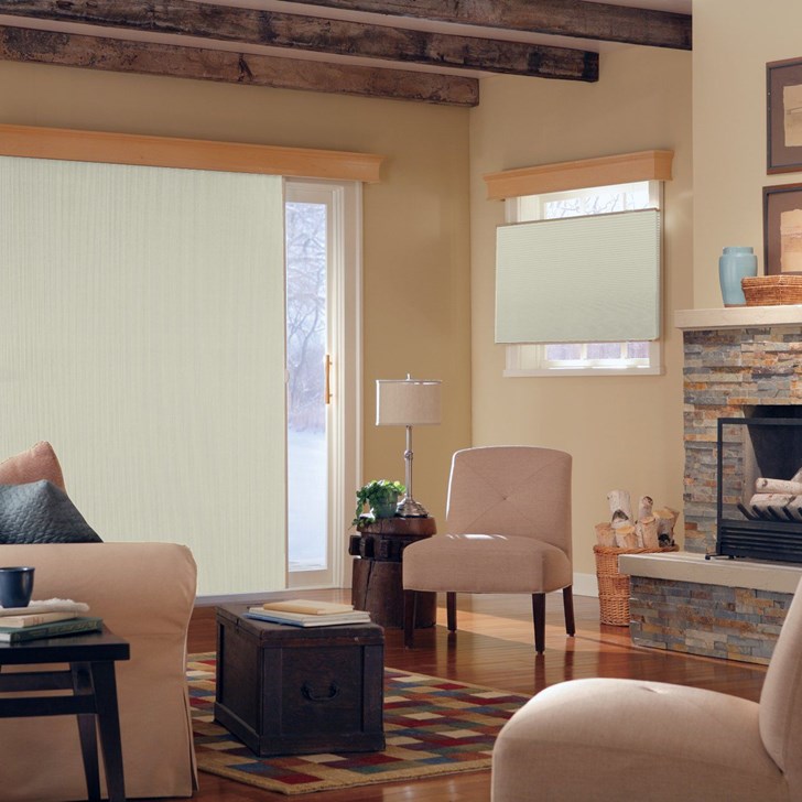 VertiCell Shades provide a stylish way to insulate wide windows and patio doors.  Color: Alabaster