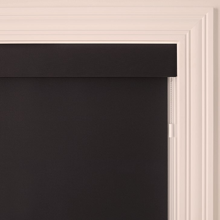Color: Interlude Black 6320; Headrail: Fabric Wrapped 4 Inch Cornice; Bottom Rail: Square Hem Bar; Motorized Hub: Google