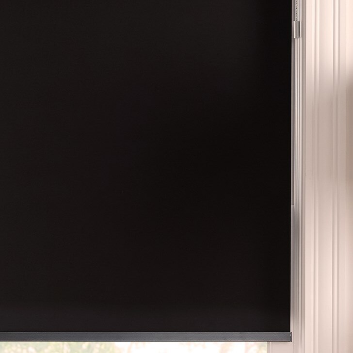 Color: Interlude Black 6320; Headrail: Fabric Wrapped 4 Inch Cornice; Bottom Rail: Square Hem Bar; Motorized Hub: Google