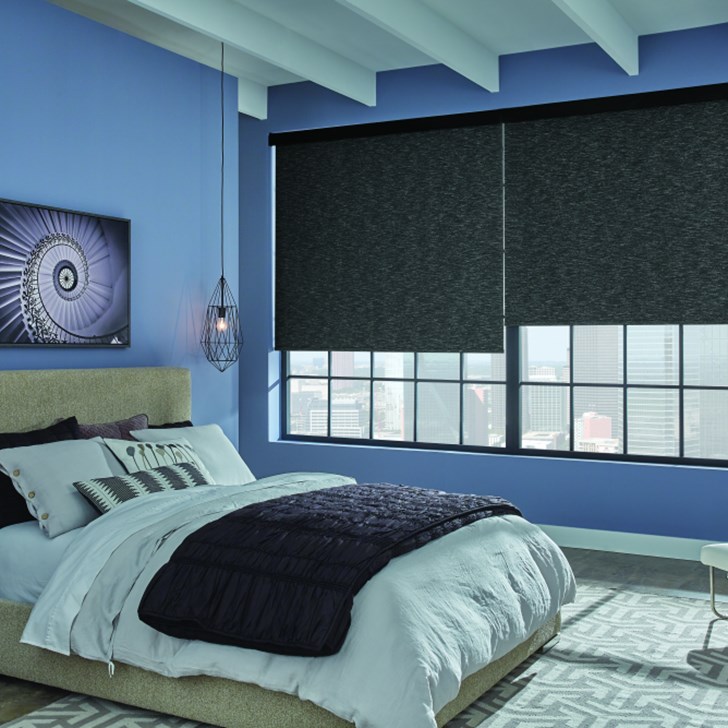 Roller Shade with Motorized Lift, Fabric-Wrapped Hem Bar: Fiji, Midnight Mist 16304, and 4% Black Fascia