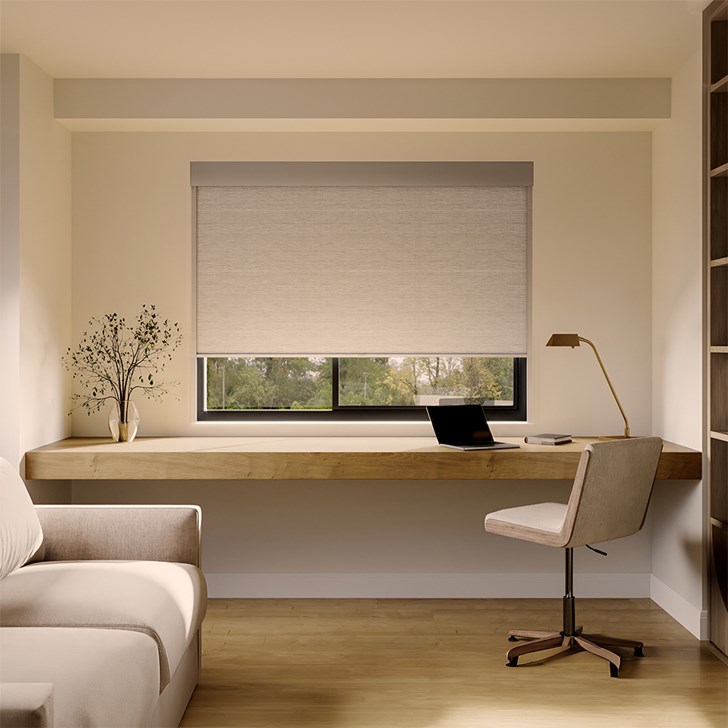Color: Modica Cornerstone; Opacity: Blackout; Bottom Rail: Square Hem Bar; Add-On: Light Blocker; Headrail: 5 Inch Fascia