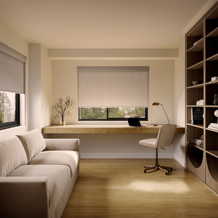 Color: Modica Cornerstone; Opacity: Blackout; Bottom Rail: Square Hem Bar; Add-On: Light Blocker; Headrail: 5 Inch Fascia
