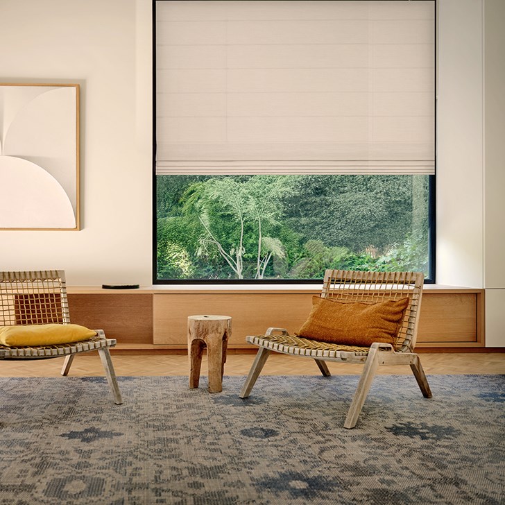 Color: Cambric Oyster; Lift: Motorized; Liner: Blackout; Fold Style: Classic; Bottom Rail: Heat Sealed Hem Bar