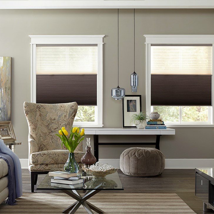 The Black Out Cell Shade in Sugarplum with the Trilight option in Beige. Cordless lift option.