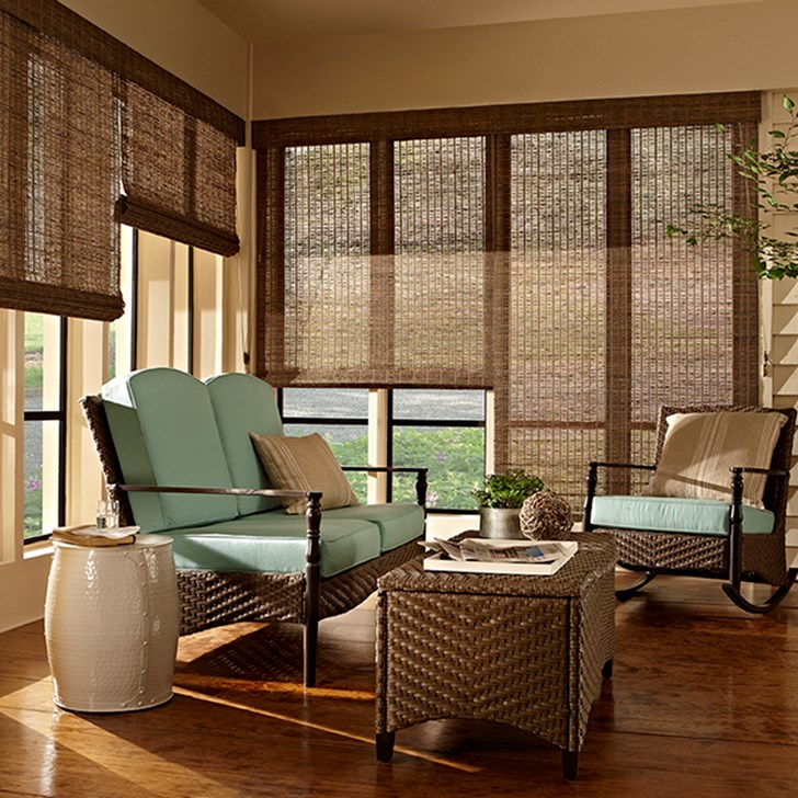 Inside mount, woven wood shade with no liner. Color: Sorento Green Grey 2232