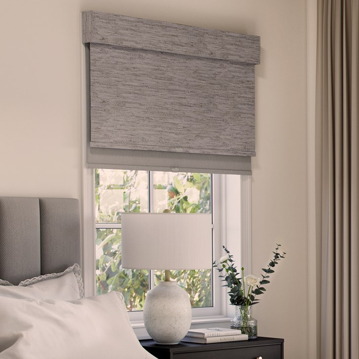 Color: Newport Natural; Dual Shade: Landera Snowflake; Bottomrail: Fabric Wrapped Hembar; Headrail: 7 Inch Fabric Wrapped Valance; Mount: Outside