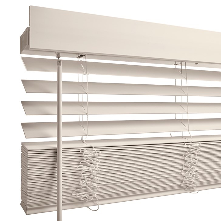 The 2in. Faux Wood Blinds in the Wood Texture Pearl color with the Modern Valance.