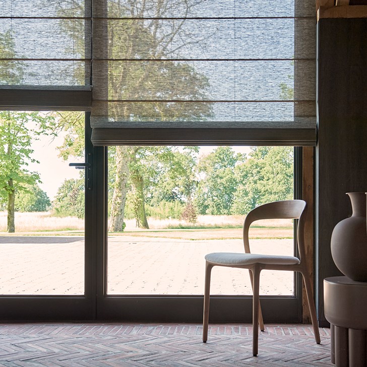 Color: Cyprus Stormy; Lift: Motorized; Fold Style: Classic; Bottom Rail: Heat Sealed Hem Bar