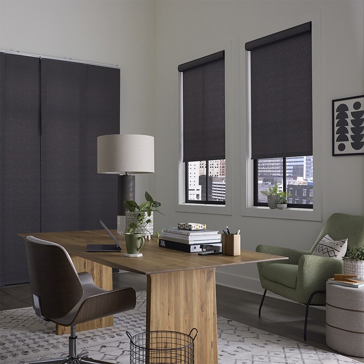Color: Toulouse Charcoal; Bottom Rail: Heat Sealed; Headrail: Cassette Valance