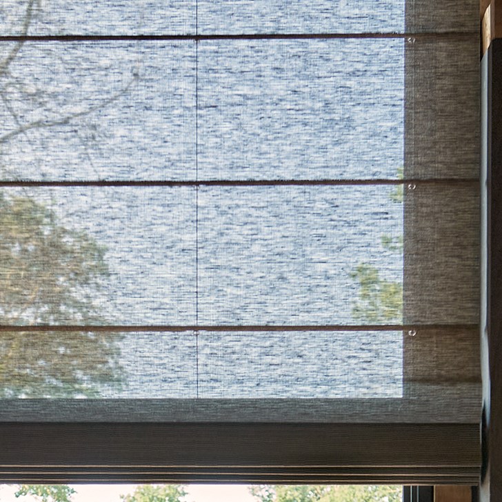 Color: Cyprus Stormy; Lift: Motorized; Fold Style: Classic; Bottom Rail: Heat Sealed Hem Bar