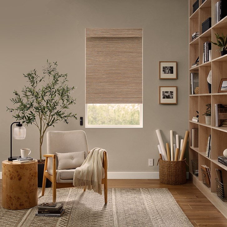 Color: Hatteras Beige Taupe D02-22; Lift: Motorized; Light Control: Blackout Liner; Headrail: Flat Style