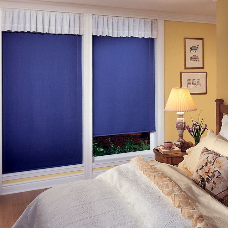 The backing on all Economy Room Darkening Roller Shades is white for a uniform look from the outside.  Color: Reminiscent Navy RE1090