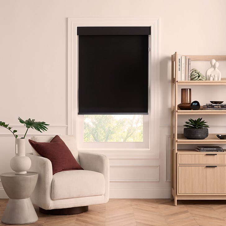 Color: Interlude Black 6320; Headrail: Fabric Wrapped 4 Inch Cornice; Bottom Rail: Square Hem Bar; Motorized Hub: Google
