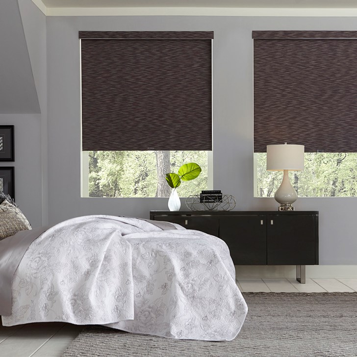 Inside mount, cordless, blackout roller shade with the square corner valance option. Color: Cascade Blackout Graphite 36005