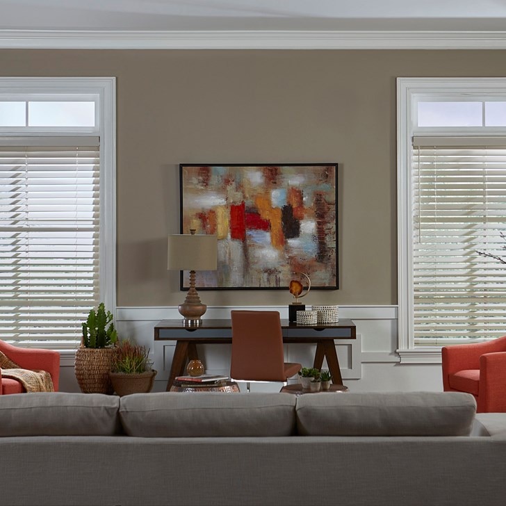 Inside mount, fully-recessed wood blind. Color: Antique White 127