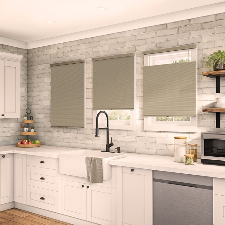 Color: Stone; Cell Size: 9/16th Inch; Lift: Top Down Bottom Up