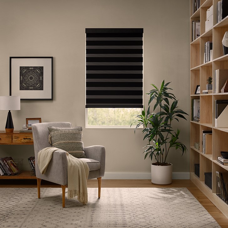 Color: Charron Black CHR05; Lift: Cordless; Headrail: Metal Square Cassette in the Black color; Bottom Rail: Rounded Bottom Bar with Pull Tab