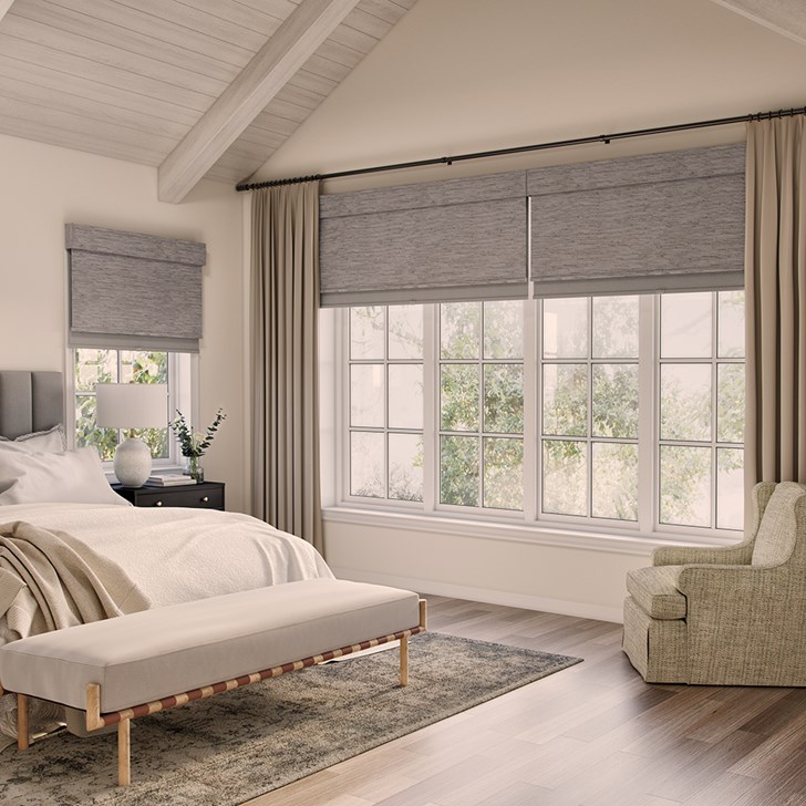 Color: Newport Natural; Dual Shade: Landera Snowflake; Bottomrail: Fabric Wrapped Hembar; Headrail: 7 Inch Fabric Wrapped Valance; Mount: Outside