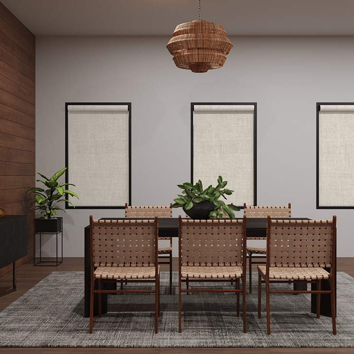 Blackout Roller Shades in the Tundra Blackout Linen color with the Large Cassette valance and Fabric Wrapped Bottom Rail.