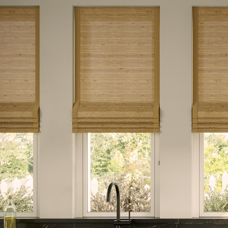 Color: Terra Oak 800; Lift: Continuous Cord Loop; Light Filtering Liner: Beige; Edge Binding: Dark Beige