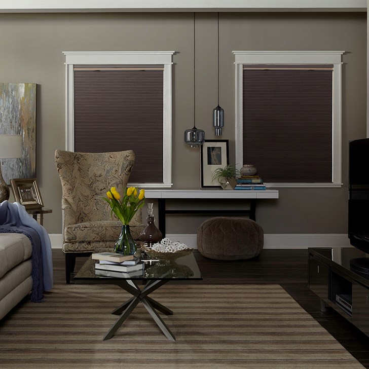 The Black Out Cell Shade in Sugarplum with the Trilight option in Beige. Cordless lift option. Shown here completely closed.