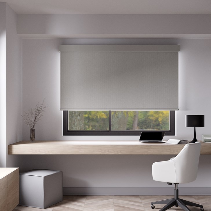 The Classic Blackout Roller Shades in the Monaco Rock Cliff color with the the 4 1/2in. Fabric Valance.