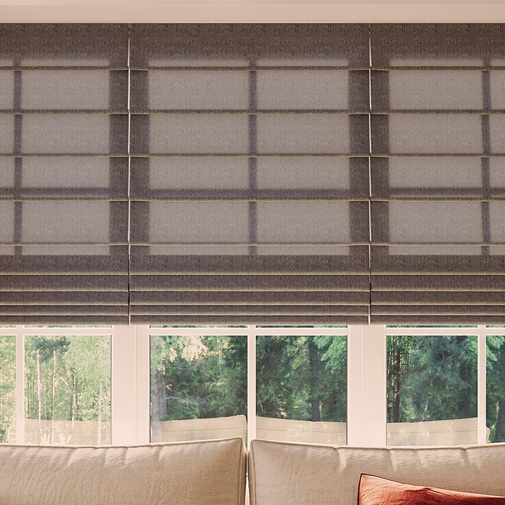 Color: Jasper Coal SW238; Light Filtering Liner: White; Mount: Inside; Fold Style: Hobbled; Lift: Cordless;