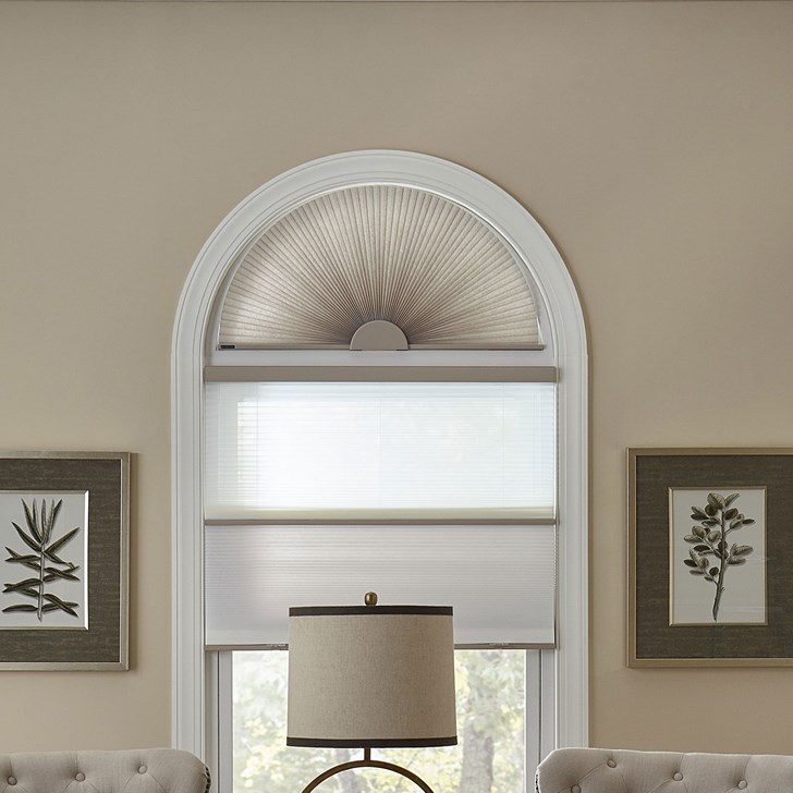 The day/night comes in cordless and corded. This option allows you to transform your shade into a sheer fabric and a privacy fabric. Paired with the light filtering arch. Privacy Color: Rye DC2105; Sheer Fabric: Breeze C5004