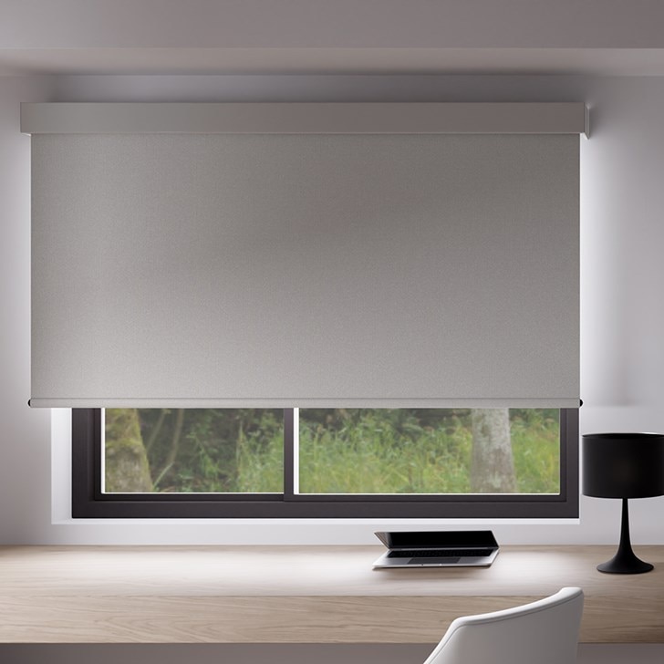 The Classic Blackout Roller Shades in the Monaco Rock Cliff color with the the 4 1/2in. Fabric Valance.