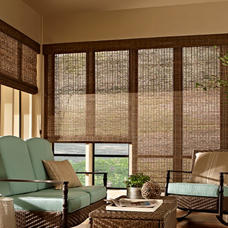 Inside mount woven wood shade with no liner. Color: Sorento Green Grey 2232