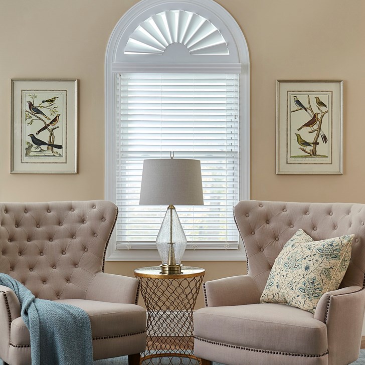 2 Inch Classic Faux Wood Blinds paired with the composite wood arch. Blind Color: White P630; Arch Color: True White 4196