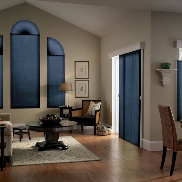 Shown in color NL Navy 2489, also pictured Bali Vertical Cellular Shades with Wood Cornice