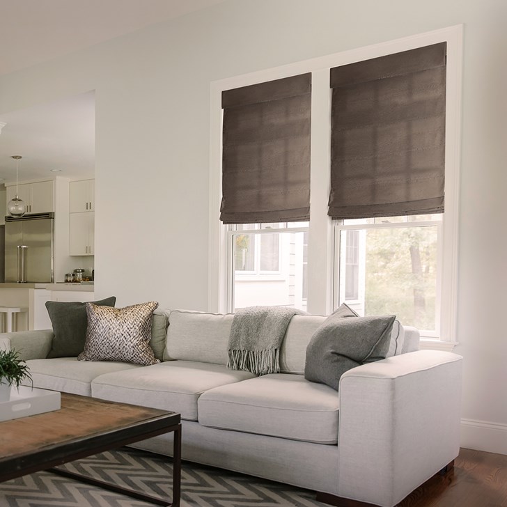 Color: Modena Pewter; Fold Style: Classic Flat Pleat with Seams; Liner: Light Filtering